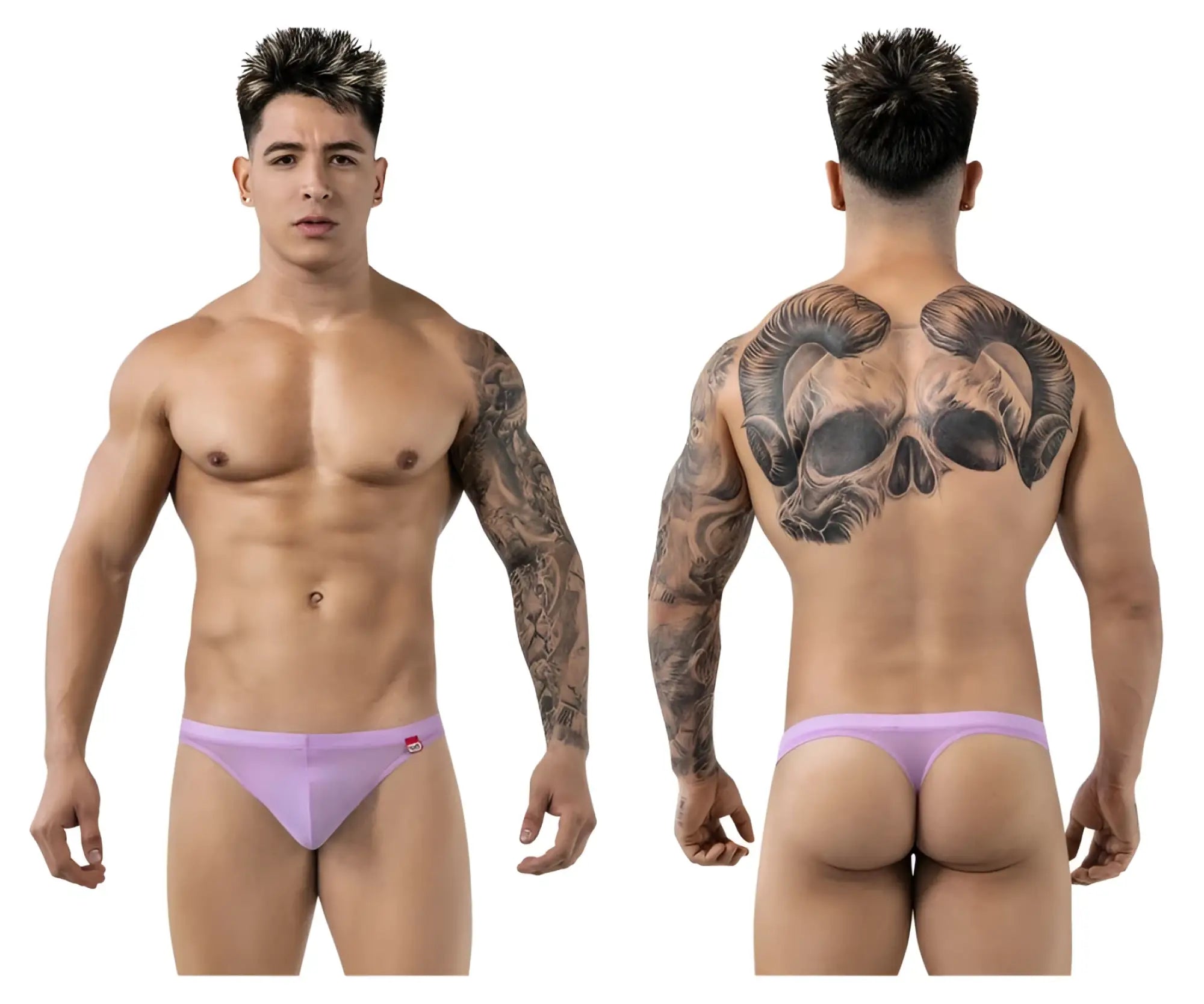 Lavender-colored form-fitting briefs with a small red logo on the left hipband from pikante pik 1823 luxury thongs lilac
