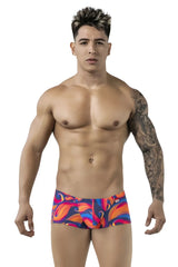 Vibrant pikante pik 1826 kracent trunks in orange with abstract orange blue and purple pattern for swimwear use