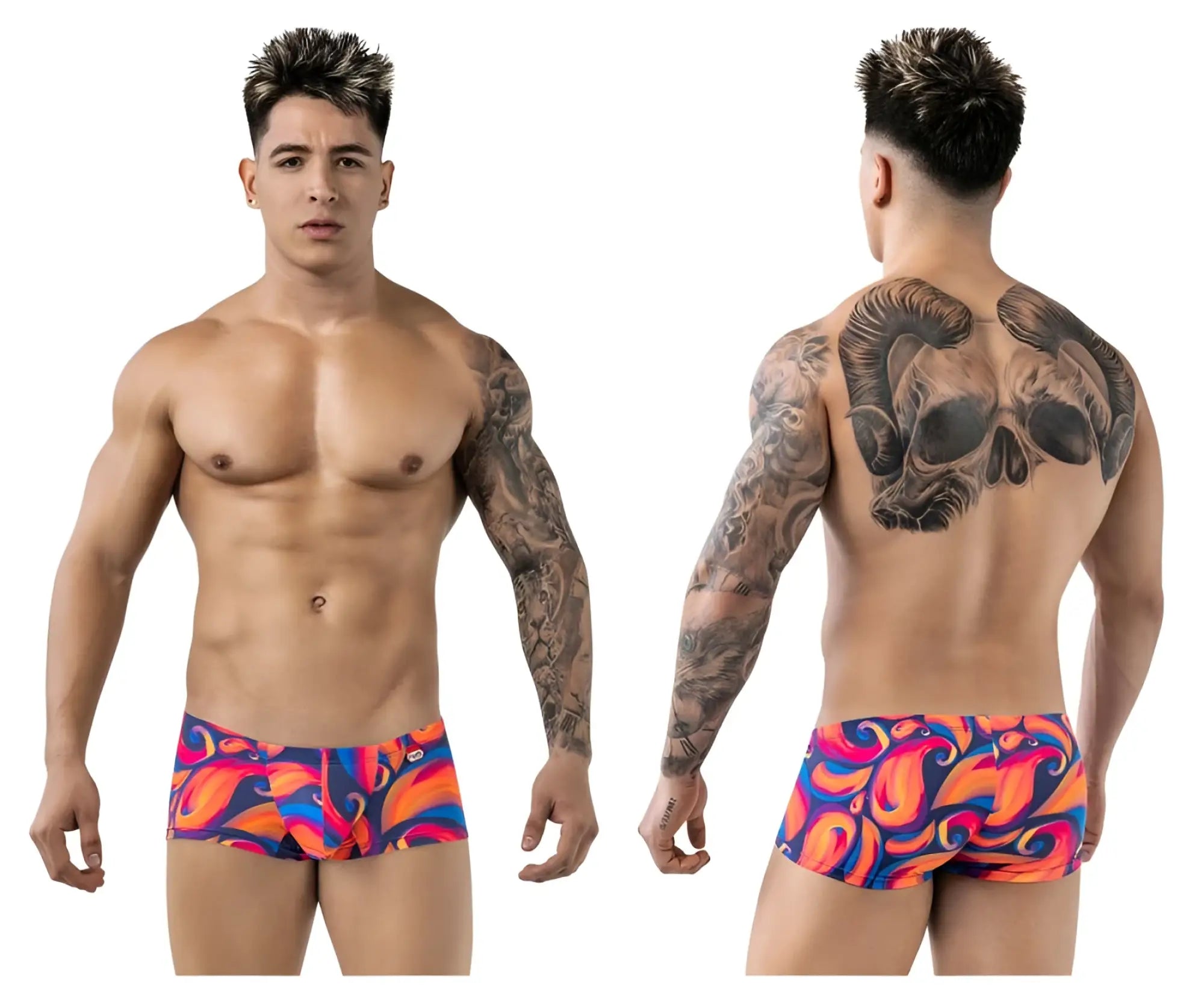 Vibrant flame-patterned pikante pik 1826 kracent swim trunks in bold orange blue and purple hues for beachwear