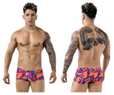 Vibrant flame-patterned pikante pik 1826 kracent swim trunks in bold orange blue and purple hues for beachwear
