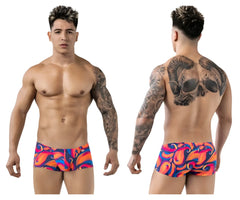 Vibrant flame-patterned pikante pik 1826 kracent swim trunks in bold orange blue and purple hues for beachwear