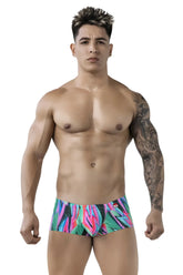 Pikante pik 1828 abstract trunks color green vibrant multicolored tropical print briefs with bold geometric pattern