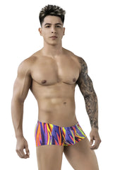 Vibrant flame-patterned men’s briefs in bold purple orange and yellow hues pikante PIK 1828 abstract trunks color purple