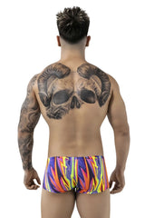 Vibrant flame-patterned pikante PIK 1828 abstract swim trunks in purple orange yellow and blue for swimming