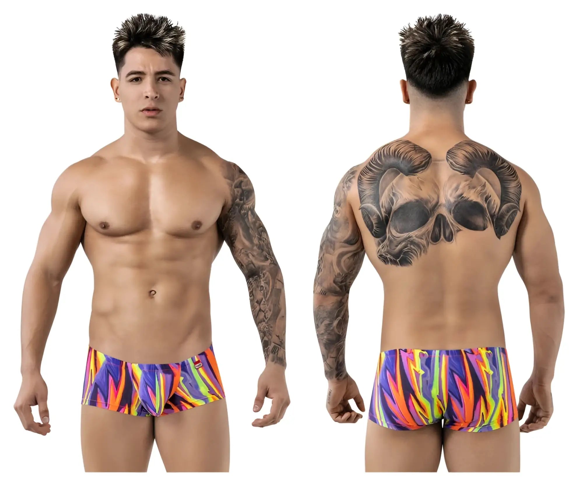 Vibrant pikante PIK 1828 abstract swim trunks in multicolored flame pattern with bold neon hues and purple accents