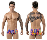 Vibrant pikante PIK 1828 abstract swim trunks in multicolored flame pattern with bold neon hues and purple accents