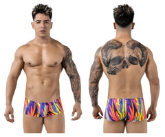 Vibrant pikante PIK 1828 abstract swim trunks in multicolored flame pattern with bold neon hues and purple accents
