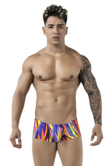 Vibrant pikante PIK 1828 abstract swim trunks in purple with bold multicolored geometric pattern for beachwear