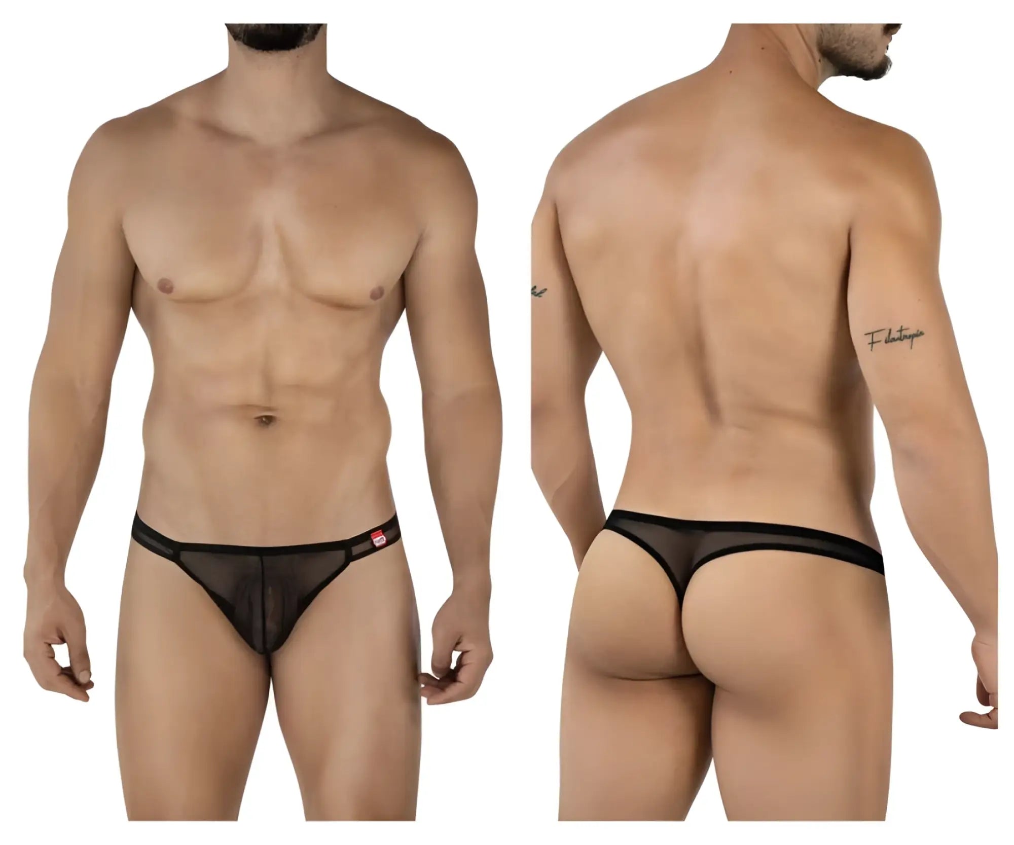 Black sheer mesh thong with solid black waistband and small red logo on the side by pikante pik 2115 amusing thongs