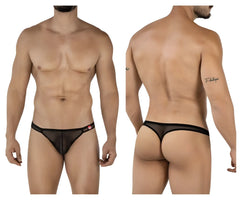 Black sheer mesh thong with solid black waistband and small red logo on the side by pikante pik 2115 amusing thongs