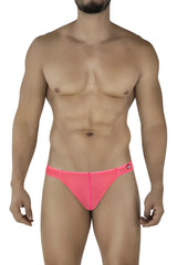 Bright pink form-fitting swim trunks with sleek modern design and small waistband logo pikante pik 2115 amusing thongs