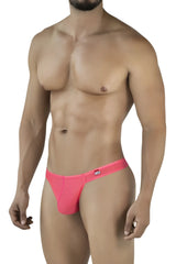 Bright pink form-fitting thong with small red and white pikante logo on waistband called pikante pik 2115 amusing thongs