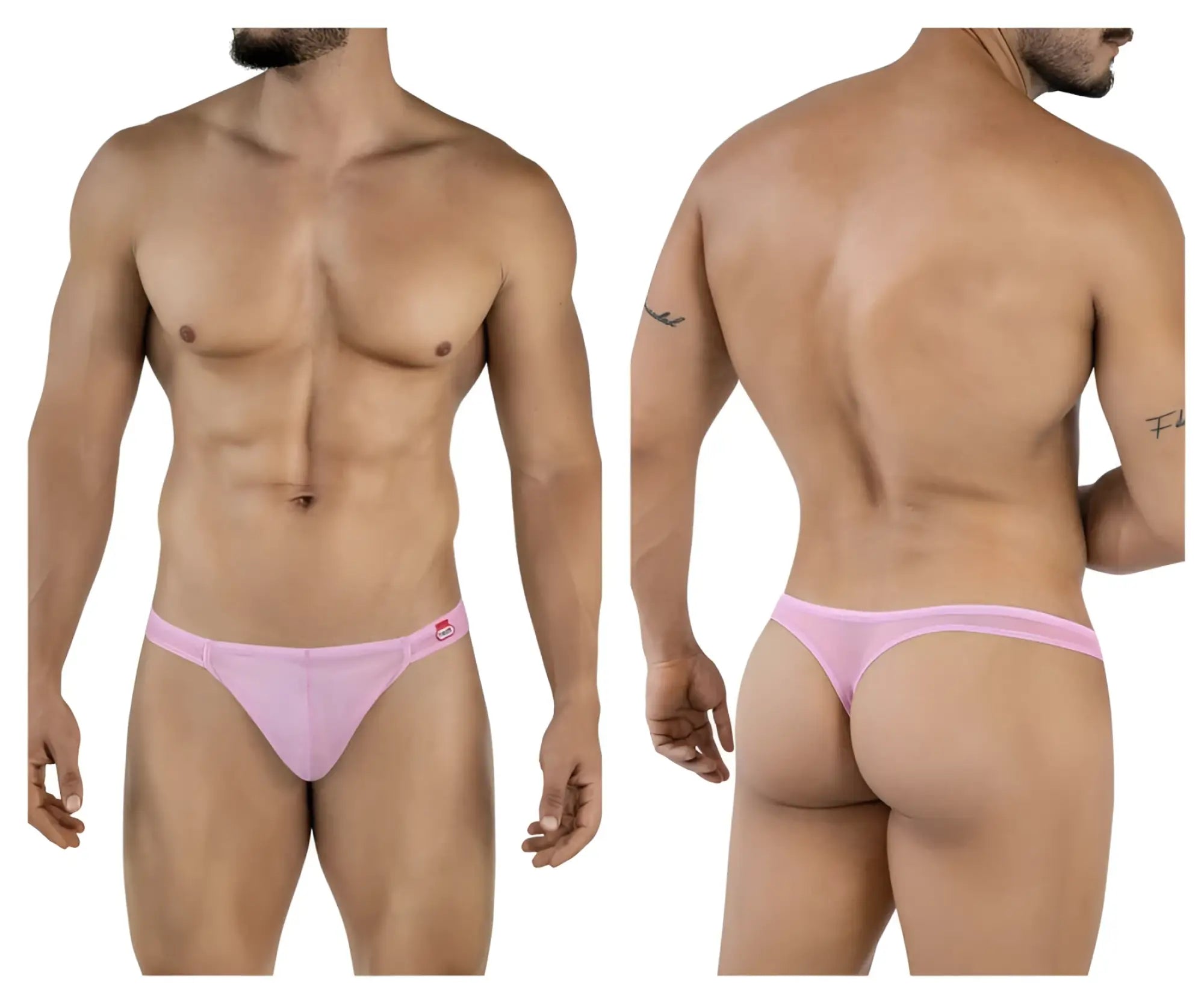 Pink thong with small red logo on sideband in lilac pikante pik 2115 amusing thongs front view