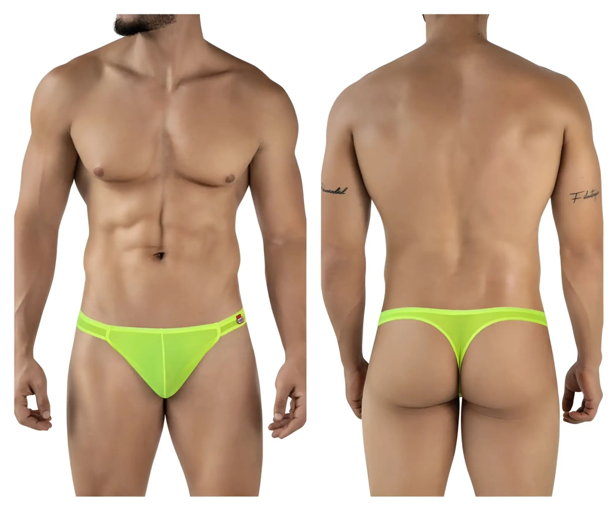 Neon green mesh thong with small logo on sideband from pikante PIK 2115 amusing thongs collection