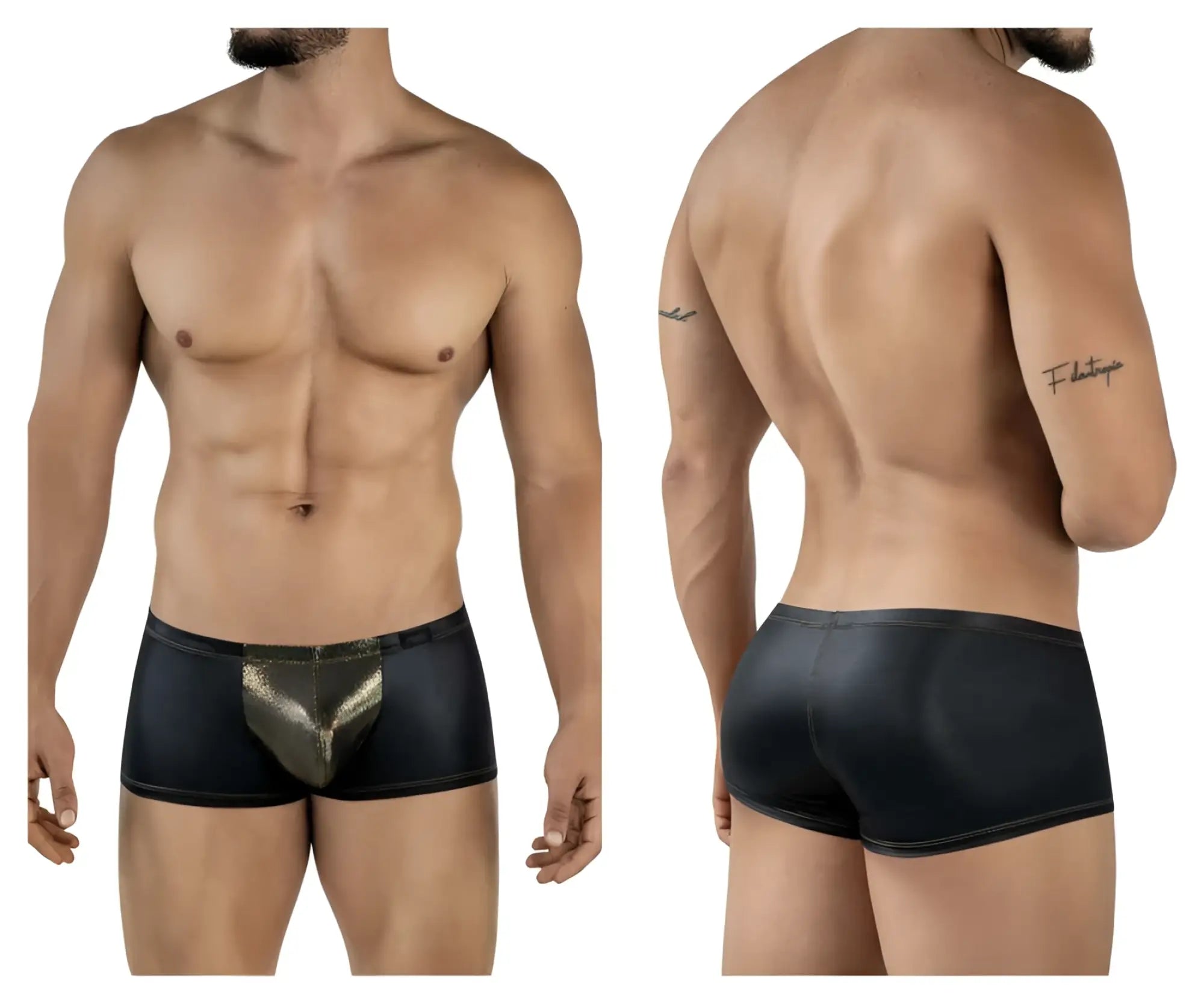 Black leather-like briefs with a shiny gold metallic front panel pikante pik 2120 gold cup trunks color black