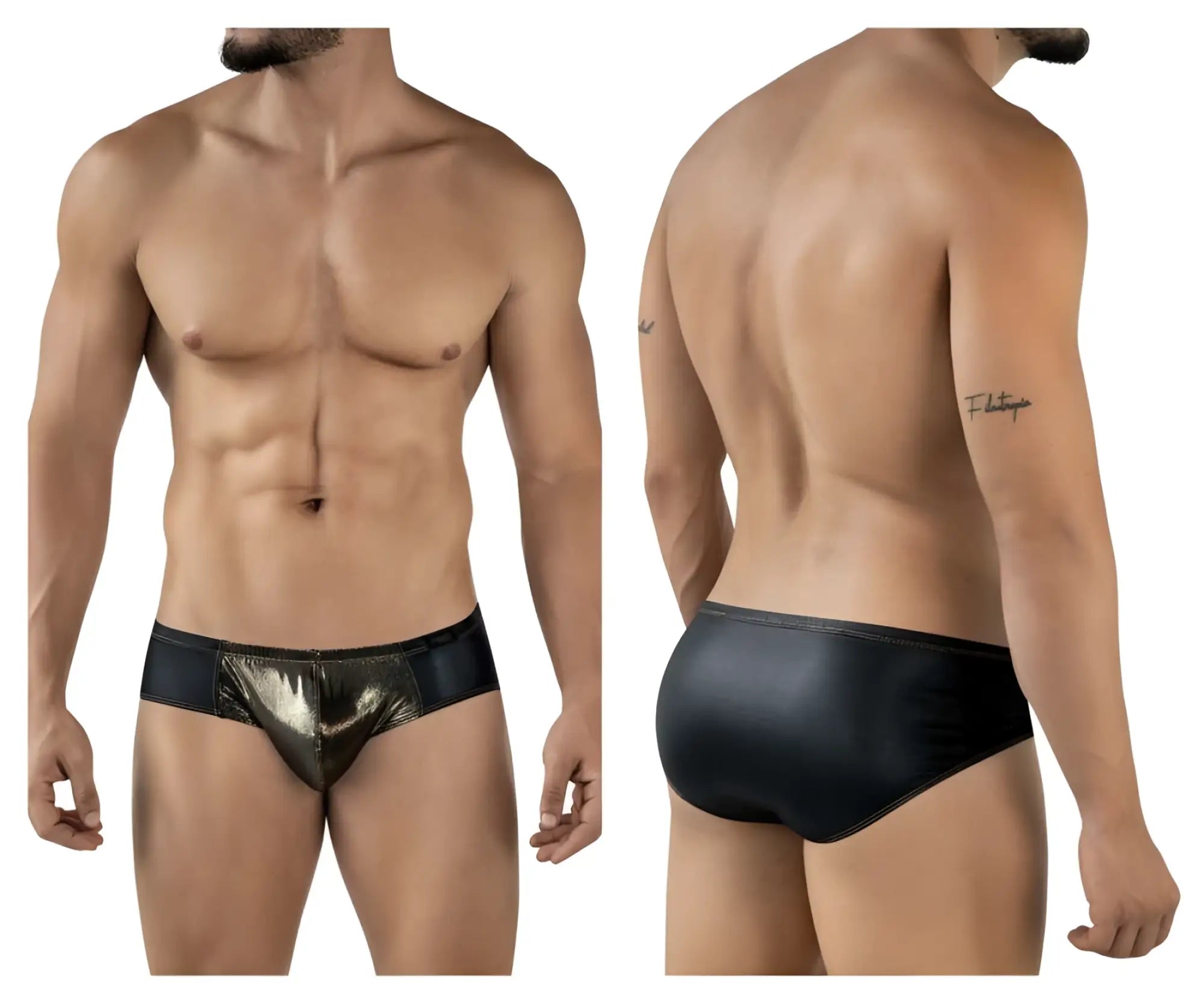 Pikante PIK 2122 gold cup briefs black swim trunks with shiny metallic gold reflective front panel for men