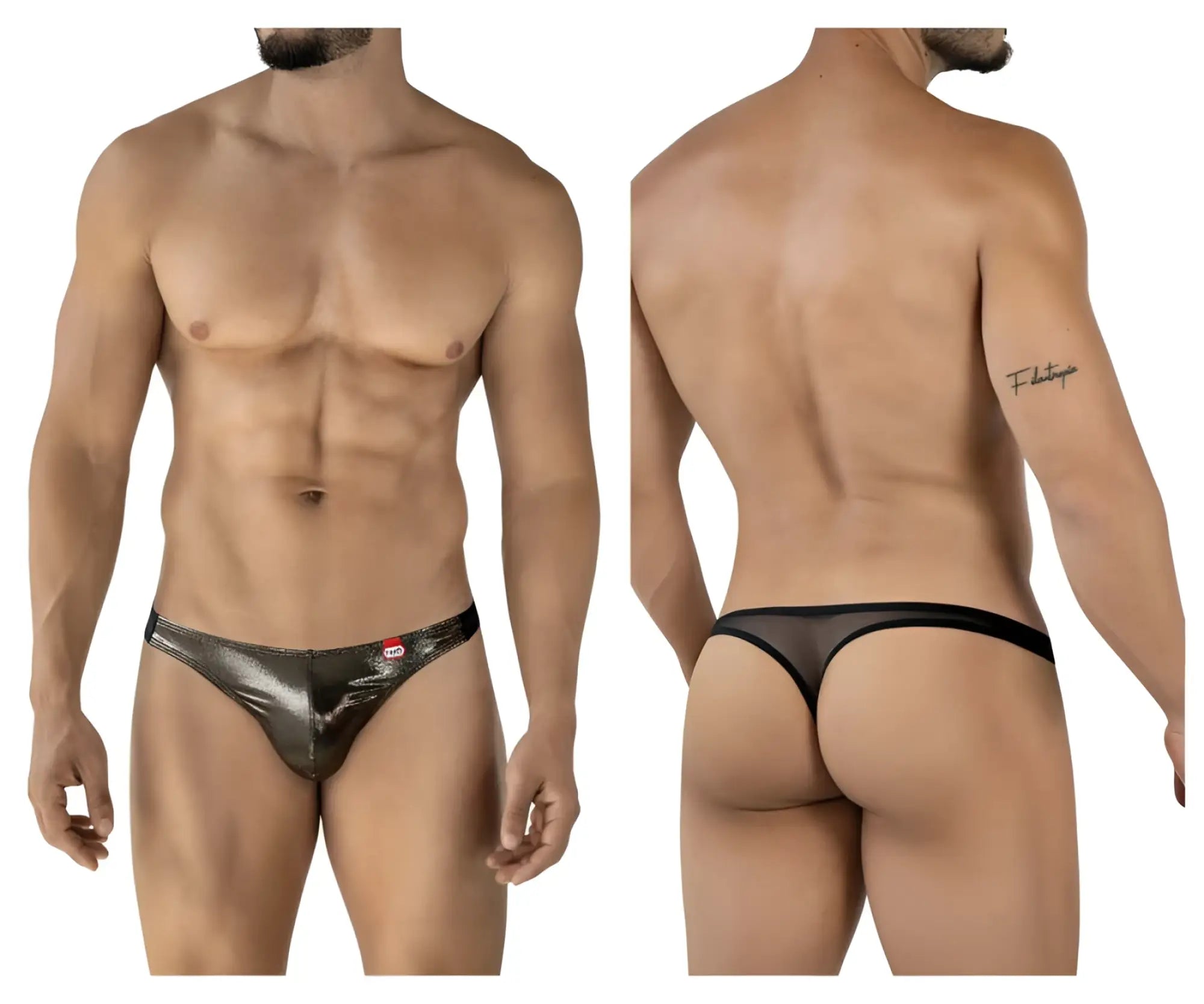 Shiny metallic silver Pikante PIK 2123 Gold Cup thong with black mesh back panel showing the back side