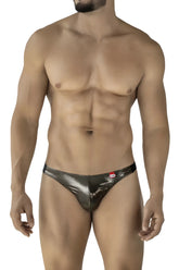 Pikante PIK 2123 Gold Cup thong in shiny metallic silver with sleek design and red brand tag on waistband in black color