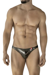 Pikante PIK 2123 Gold Cup thong in shiny metallic silver with sleek design and red brand tag on waistband in black color