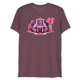 Maroon heathered cotton t-shirt with vibrant pink and purple neon graphic of the Pink Pony Club building