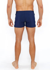 Navy blue ribbed pinstripe swim short made of lightweight fabric designed for comfortable swimming and beachwear
