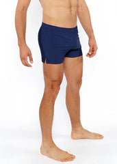 Navy blue pinstripe swim short with button closure at the waist designed for comfortable beachwear