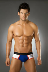 Blue white and red athletic briefs with black waistband and circular logo PIPE Equal Brief Underwear BS1003 size S