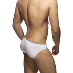 White cotton pique speedo briefs showing the back side for comfortable and breathable swimwear use