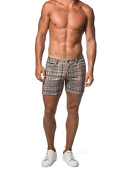 Plaid stretch knit men’s shorts in muted gray pink and beige with side tape detail