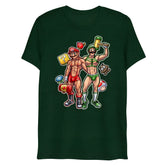 Dark green cotton t-shirt featuring vibrant muscular mario and luigi with classic game items titled plumber butt