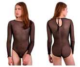 Black sheer long-sleeved bodysuit with back tie detail shown from the back plura pl001 bodysuit color black