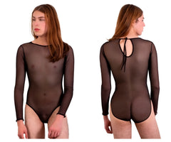 Black sheer long-sleeved bodysuit with back tie detail shown from the back plura pl001 bodysuit color black