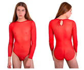 Red sheer long-sleeved bodysuit plural pl001 with back tie and textured paneling shown from the back side