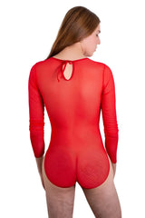 Red sheer long-sleeved bodysuit with textured mesh panels and back tie in red plural pl001 design shown from back