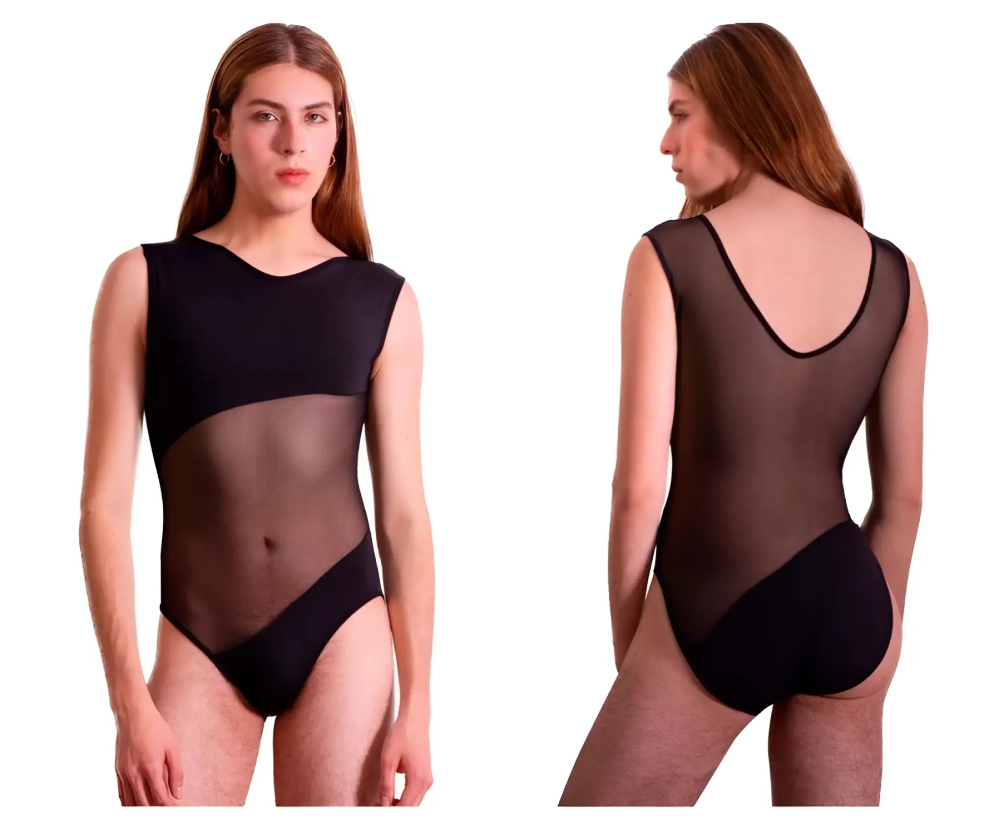 Black one-piece PLURAL PL002 bodysuit with sheer mesh panels and scoop neckline in a sleek leotard design