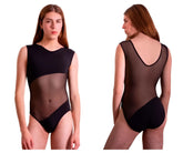 Black one-piece PLURAL PL002 bodysuit with sheer mesh panels and scoop neckline in a sleek leotard design