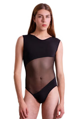 Black plural pl002 sleeveless bodysuit with sheer mesh panel across the torso made from lightweight fabric