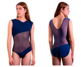 Plural PL002 bodysuit in blue with navy and sheer purple two-tone fabric v-neckline back cutout seamless design