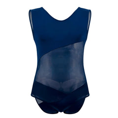 A navy blue plura pl002 sleeveless bodysuit with a sheer mesh panel across the torso made of lightweight fabric