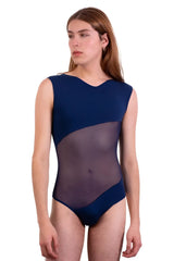 A navy blue plural pl002 sleeveless bodysuit with a sheer mesh panel across the torso for stylish layering
