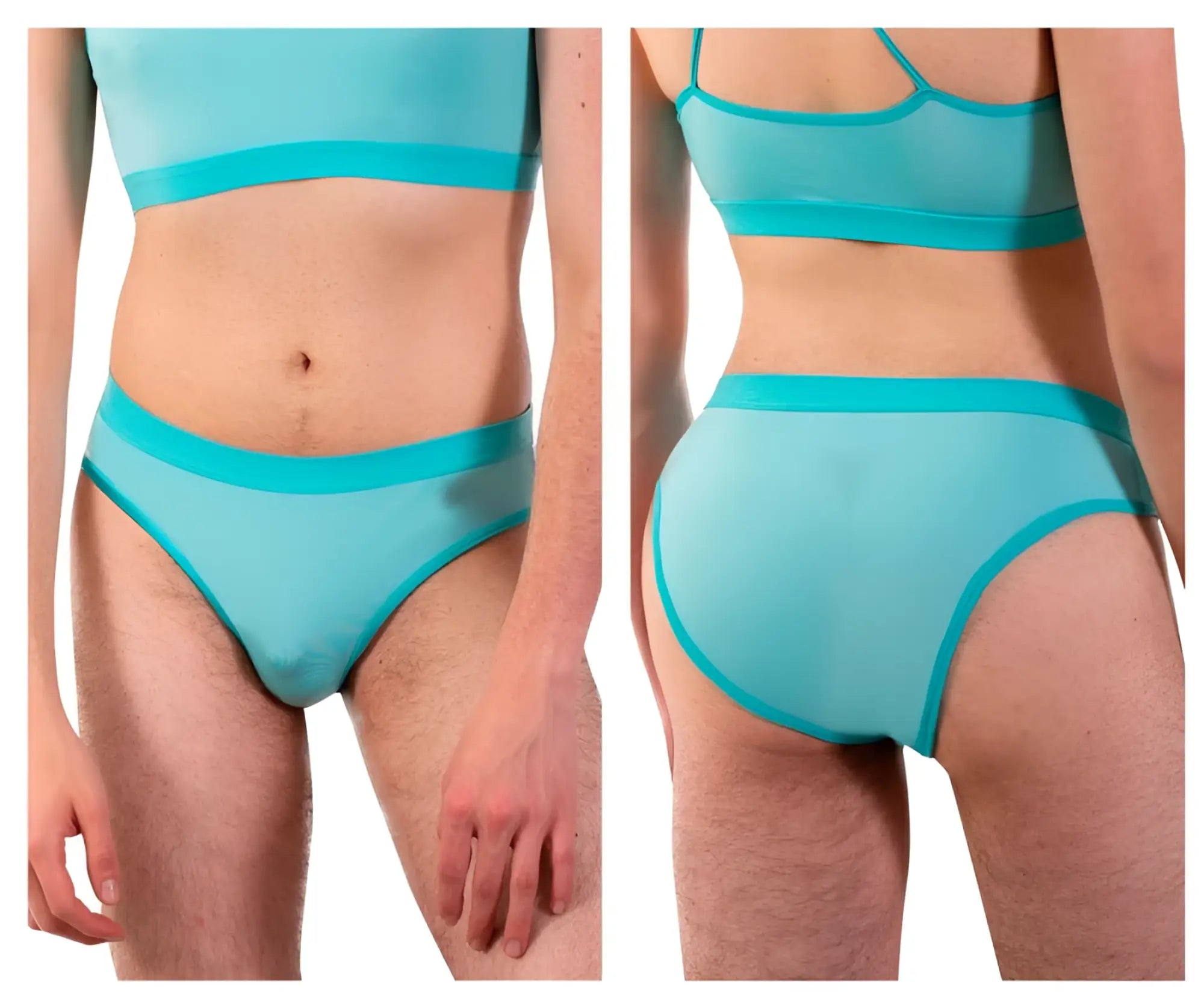 Plural pl006 briefs translucent turquoise bikini bottom with solid teal waistband and trim in mint green color