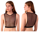 Black mesh crop top plural pl007 with high neckline and back cutout shown from the back side