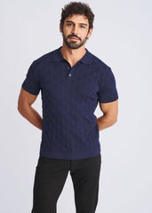 Navy blue textured stripes silk tencel polo shirt showcasing knit fabric and classic short sleeve design