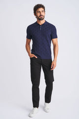 Navy blue short-sleeved textured stripes silk and tencel polo shirt with classic collar and buttoned placket