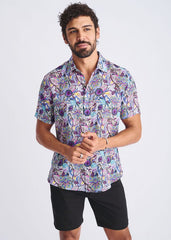 A vibrant purple and blue floral patterned lightweight linen tencel short-sleeved button-up shirt