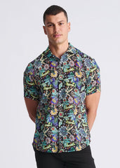 A vibrant floral lightweight linen tencel short-sleeved button-up shirt with multicolored pattern on dark background