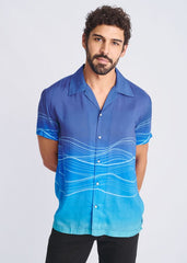 Blue gradient short-sleeved modal shirt with white wavy line pattern featuring waves border print design