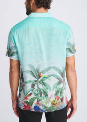 Tropics border print short-sleeved modal shirt in mint green with colorful birds and lush foliage, classic collar, relaxed fit