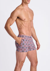 Medallions seersucker swim shorts with mesh lining featuring purple red and gray geometric patterned swim trunks