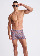 Medallions seersucker swim shorts with mesh lining in burgundy navy blue and cream with a geometric pattern